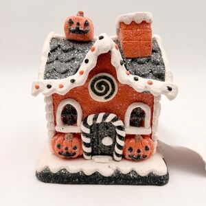 Jack O Lantern LED Lane Halloween Gingerbread House Orange Black Glitter Decor